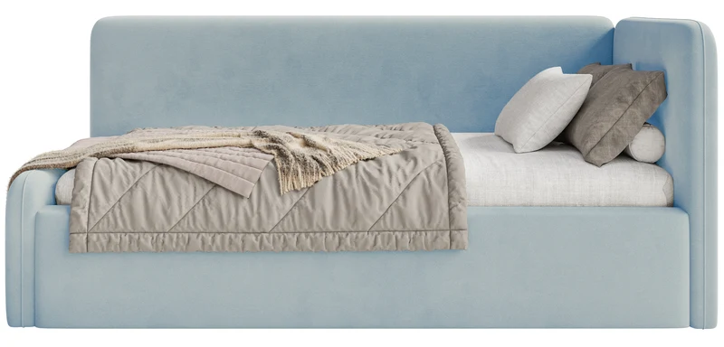 Jugendbett 120x200 cm Fanklo rechtsseitig mit Matratze, Stauraum und blauen, wasserabweisenden, leicht zu reinigenden Samtgeländern