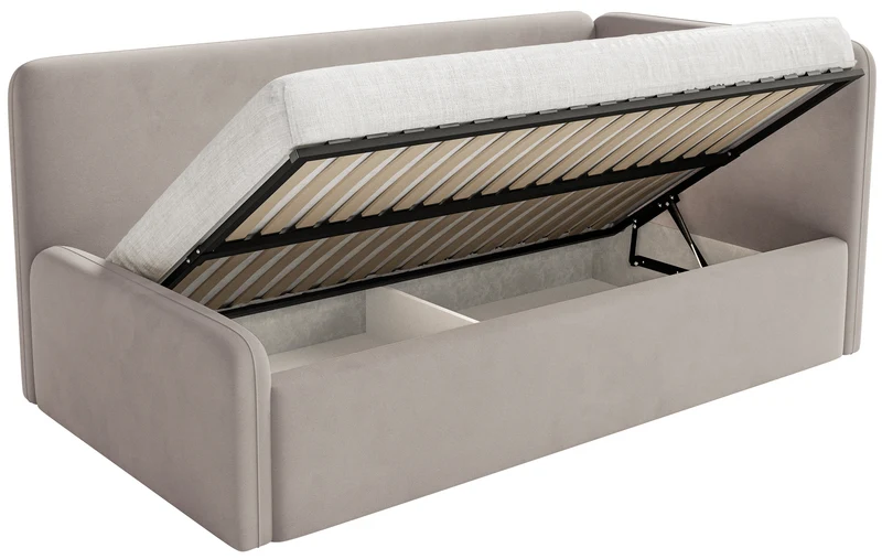 Jugendbett 120x200 cm Fanklo rechtsseitig mit Stauraum, grau-beiges Velours, wasserabweisend und leicht zu reinigen
