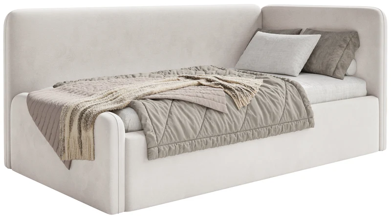 Jugendbett 120x200 cm Fanklo rechtsseitig mit Matratze, Stauraum und Geländern, hellbeiger Velours, wasserabweisend und leicht zu reinigen