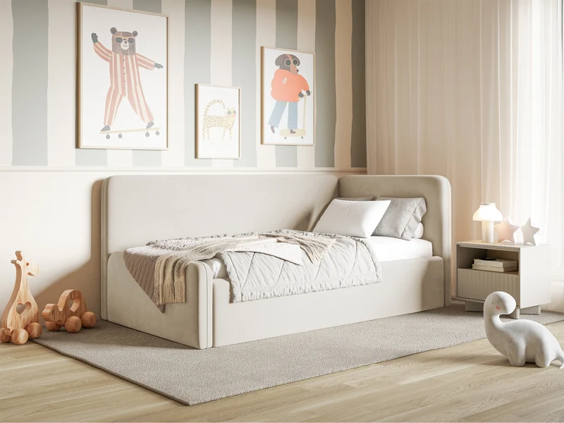 Jugendbett 120x200 cm Fanklo rechtsseitig mit Matratze, Stauraum und Geländern, hellbeiger Velours, wasserabweisend und leicht zu reinigen