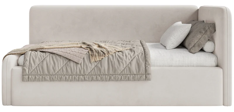 Jugendbett 120x200 cm Fanklo rechtsseitig mit Matratze, Stauraum und Geländern, hellbeiger Velours, wasserabweisend und leicht zu reinigen
