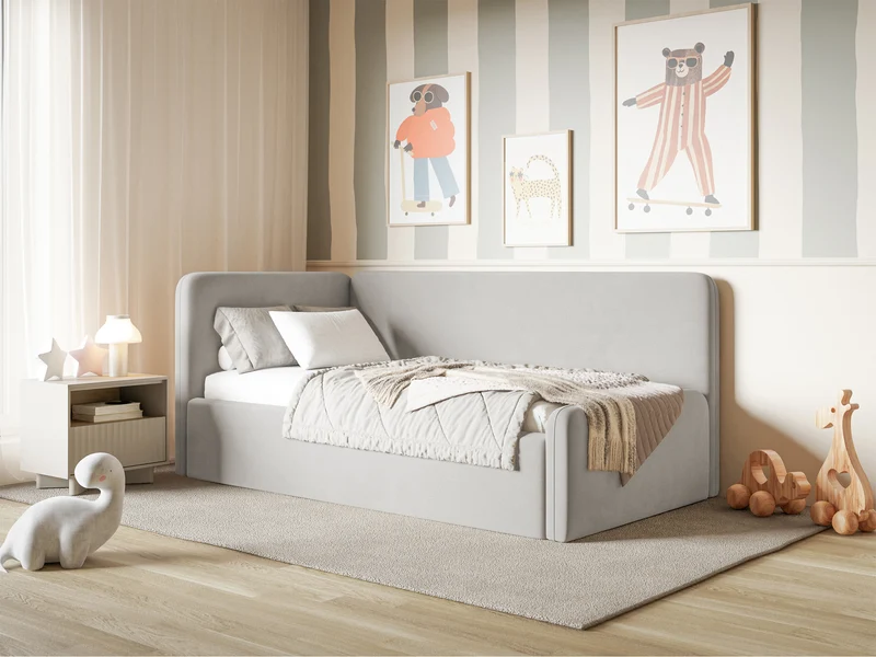 Jugendbett 120x200 cm Fanklo linksseitig mit Stauraum und hellgrauen, wasserabweisenden, pflegeleichten Samt-Seitenleisten