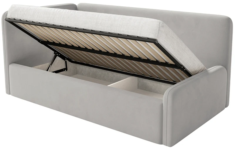Jugendbett 120x200 cm Fanklo linksseitig mit Stauraum und hellgrauen, wasserabweisenden, pflegeleichten Samt-Seitenleisten