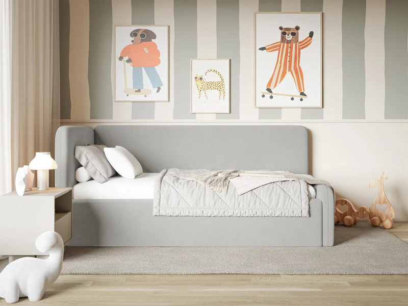 Jugendbett 120x200 cm Fanklo linksseitig mit Stauraum und hellgrauen, wasserabweisenden, pflegeleichten Samt-Seitenleisten