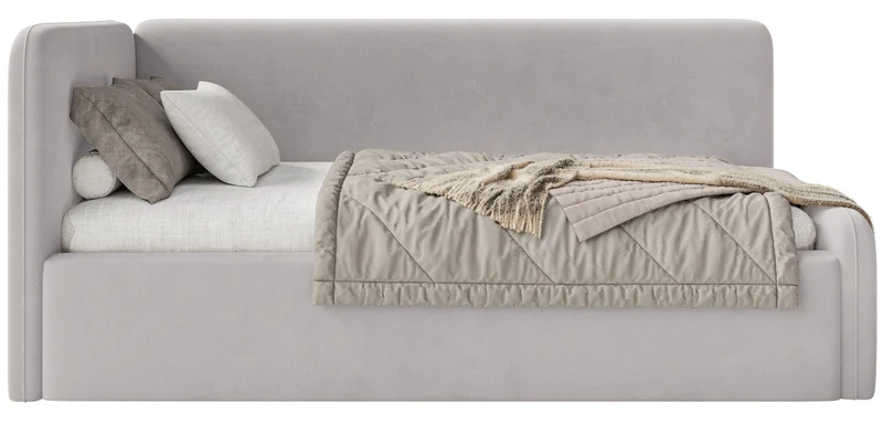 Jugendbett 120x200 cm Fanklo linksseitig mit Stauraum und hellgrauen, wasserabweisenden, pflegeleichten Samt-Seitenleisten