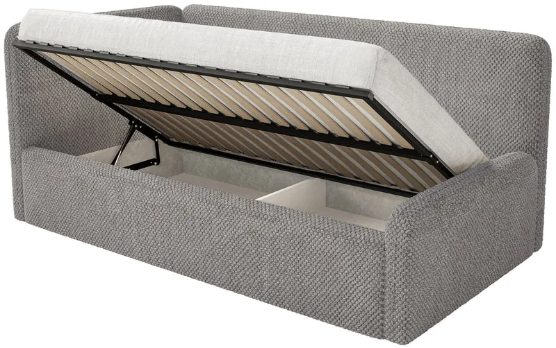 Jugendbett 120x200 cm Fanklo linksseitig mit Stauraum, graubraunes samtiges, wasserabweisendes Material