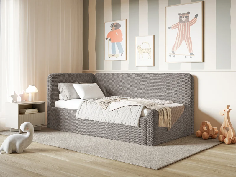 Jugendbett 120x200 cm Fanklo linksseitig mit Stauraum, graubraunes samtiges, wasserabweisendes Material