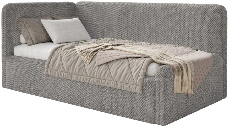 Jugendbett 120x200 cm Fanklo linksseitig mit Stauraum, graubraunes samtiges, wasserabweisendes Material