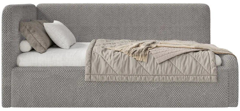 Jugendbett 120x200 cm Fanklo linksseitig mit Stauraum, graubraunes samtiges, wasserabweisendes Material