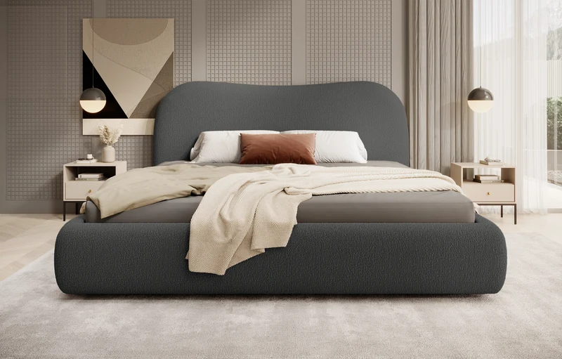 Gepolstertes Simsalo Bett 160x200 cm mit Stauraum, graphitfarbenes Bouclé