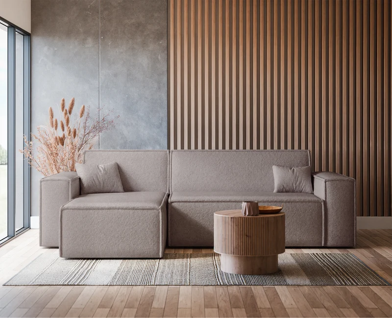 Ecksofa mit Schlaffunktion Scarlo, universell L-förmig, mit Stauraum, hellbraunes Bouclé