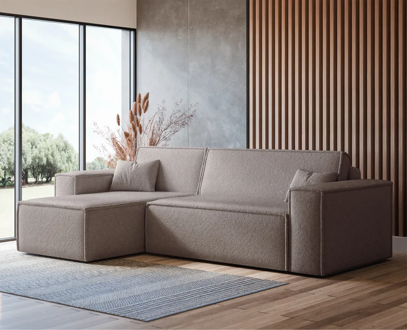Ecksofa mit Schlaffunktion Scarlo, universell L-förmig, mit Stauraum, hellbraunes Bouclé
