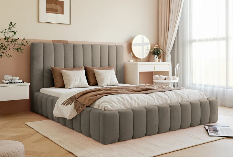 Polsterbett 180x200 cm Fiarro mit Bettkasten, grau-beiger Samt, Metallrahmen