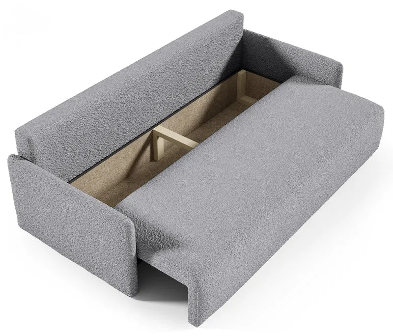 Ausklappbare Glove-Sofa mit Stauraum für Bettwäsche, grauer Bouclé-Stoff