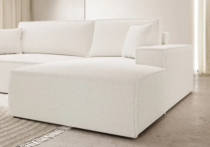 Ecksofa mit Schlaffunktion Farese New, L-förmig, mit Stauraum, cremefarbenes Bouclé, rechtsseitig