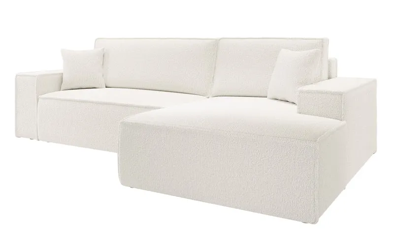 Ecksofa mit Schlaffunktion Farese New, L-förmig, mit Stauraum, cremefarbenes Bouclé, rechtsseitig