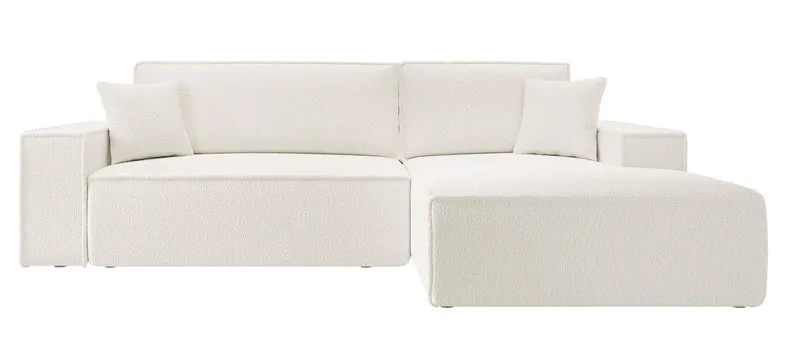 Ecksofa mit Schlaffunktion Farese New, L-förmig, mit Stauraum, cremefarbenes Bouclé, rechtsseitig
