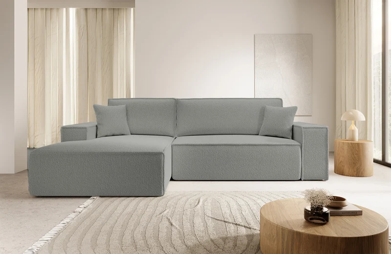 Ecksofa mit Schlaffunktion Farese New L-förmig mit Stauraum, grau Bouclé, linksseitig