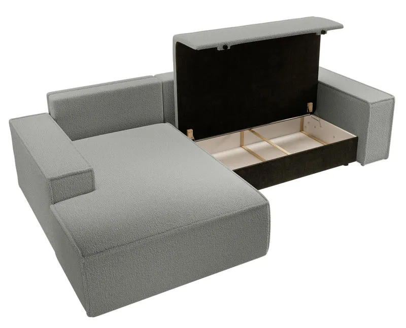 Ecksofa mit Schlaffunktion Farese New L-förmig mit Stauraum, grau Bouclé, linksseitig