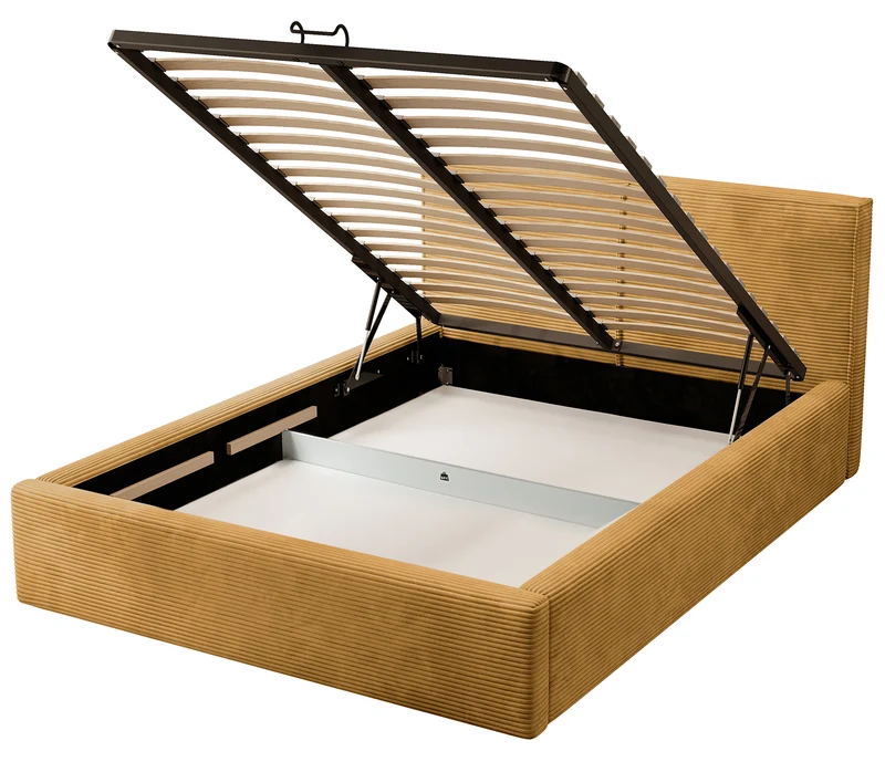 Polsterbett 180x200 cm Farese mit Stauraum und Gasdruckfeder, senfgelb Cord