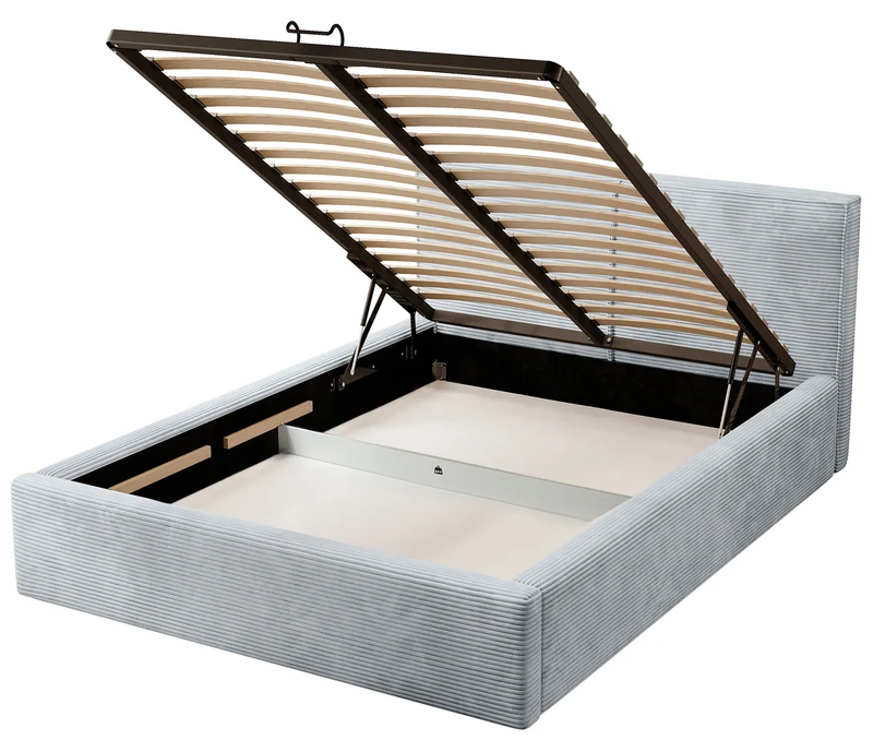 Polsterbett 180x200 cm Farese mit Stauraum und Gasdruckfeder, hellgrauer Cordstoff
