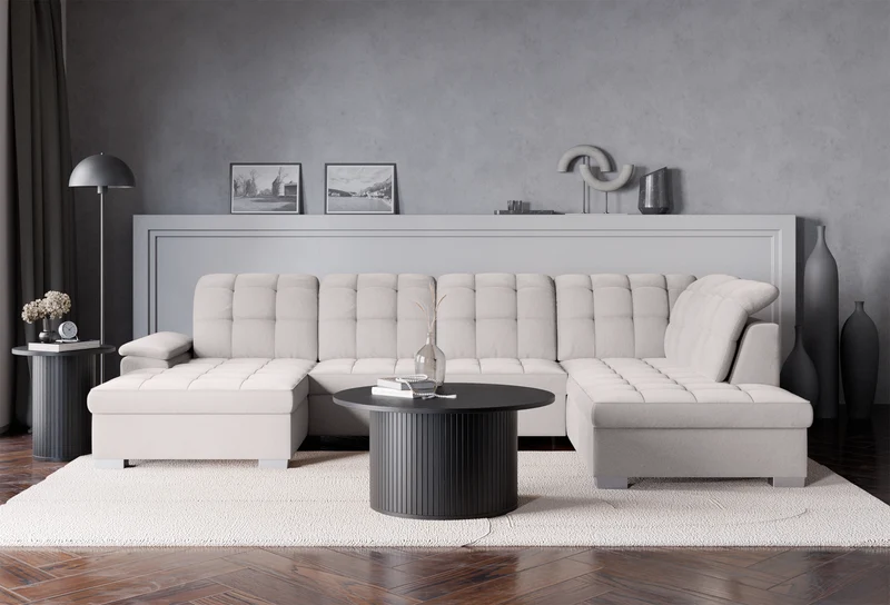 Ecksofa mit Schlaffunktion Jamaal U-förmig linksseitig mit Stauraum, hellgrauer hydrophober Samt