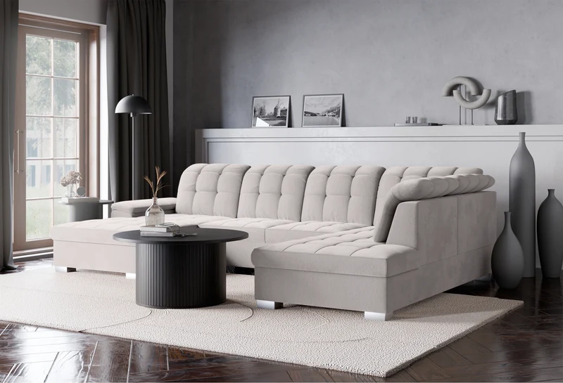 Ecksofa mit Schlaffunktion Jamaal U-förmig linksseitig mit Stauraum, hellgrauer hydrophober Samt