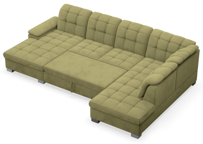 Ecksofa mit Schlaffunktion Jamaal U-förmig linksseitig mit Stauraum olivgrüner, wasserabweisender Samtvelours