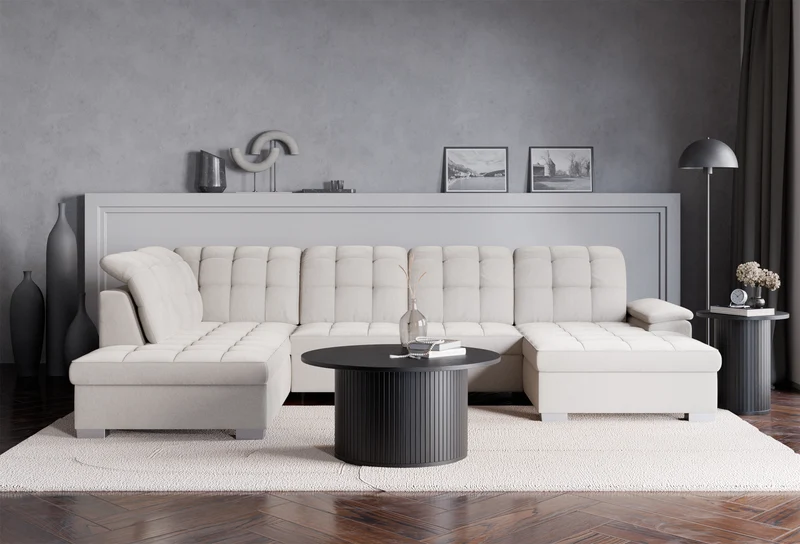 Ecksofa mit Schlaffunktion Jamaal, U-förmig, rechtsseitig, mit Stauraum, grau-beiger hydrophober Samt