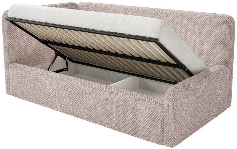 Jugendbett 120x200 cm Fanklo linksseitig mit Stauraum und Geländern, puderrosa Plüsch, wasserabweisend