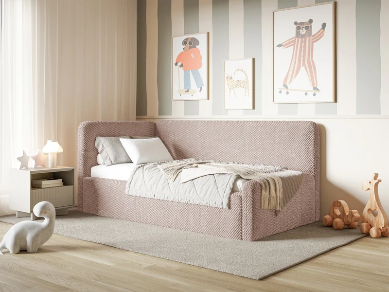 Jugendbett 120x200 cm Fanklo linksseitig mit Stauraum und Geländern, puderrosa Plüsch, wasserabweisend