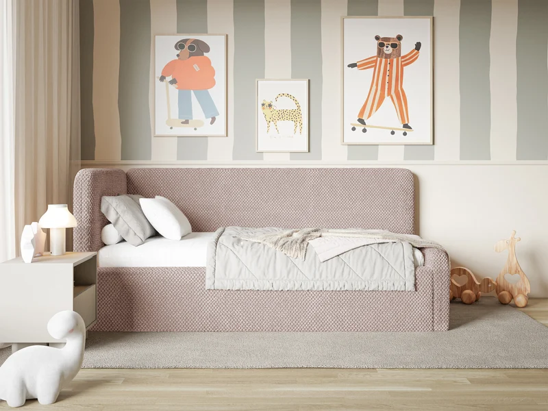 Jugendbett 120x200 cm Fanklo linksseitig mit Stauraum und Geländern, puderrosa Plüsch, wasserabweisend