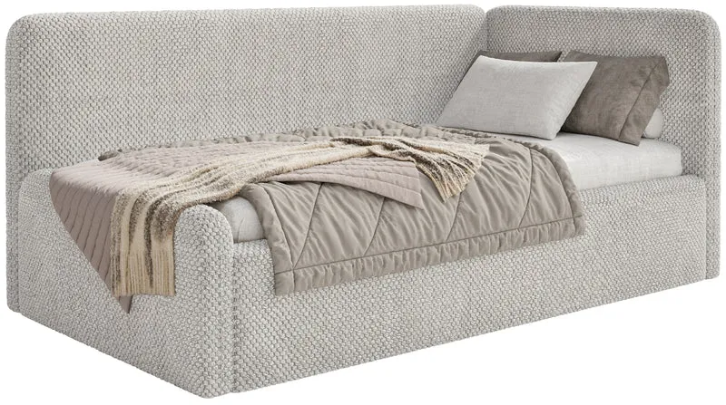 Jugendbett 120x200 cm Fanklo rechtsseitig mit Matratze, Stauraum und Geländern, hellgraubeiger Plüsch, wasserabweisend