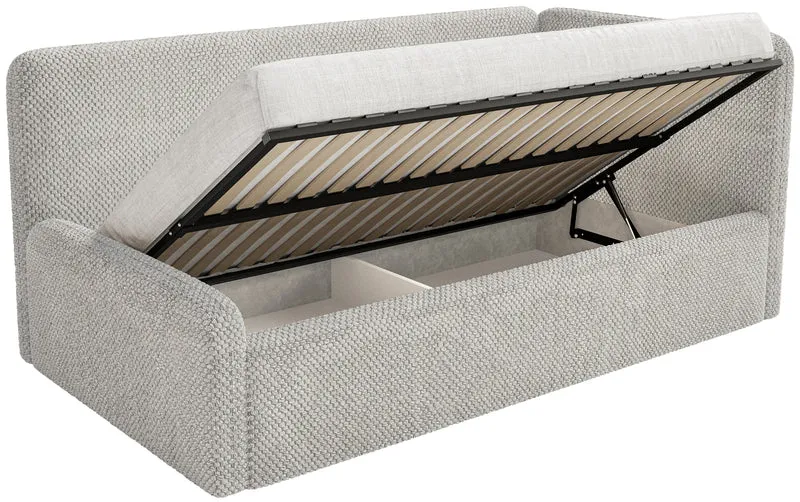 Jugendbett 120x200 cm Fanklo rechtsseitig mit Matratze, Stauraum und Geländern, hellgraubeiger Plüsch, wasserabweisend