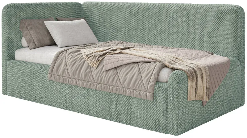 Jugendbett 120x200 cm Fanklo linksseitig mit Stauraum, salbeigrüner Plüsch, wasserabweisend