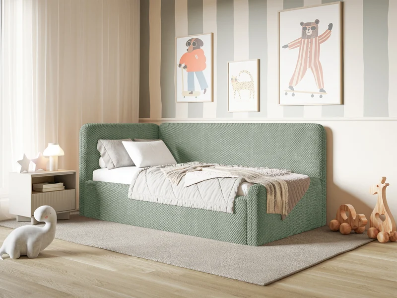 Jugendbett 120x200 cm Fanklo linksseitig mit Stauraum, salbeigrüner Plüsch, wasserabweisend