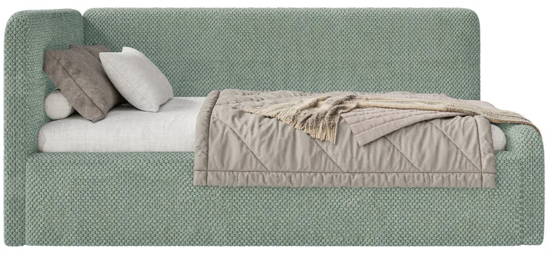 Jugendbett 120x200 cm Fanklo linksseitig mit Stauraum, salbeigrüner Plüsch, wasserabweisend