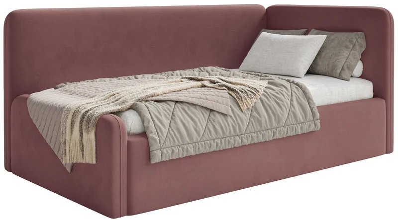 Jugendbett 120x200 cm Fanklo rechtsseitig mit Stauraum und Geländern, rosa Velours, wasserabweisend und leicht zu reinigen