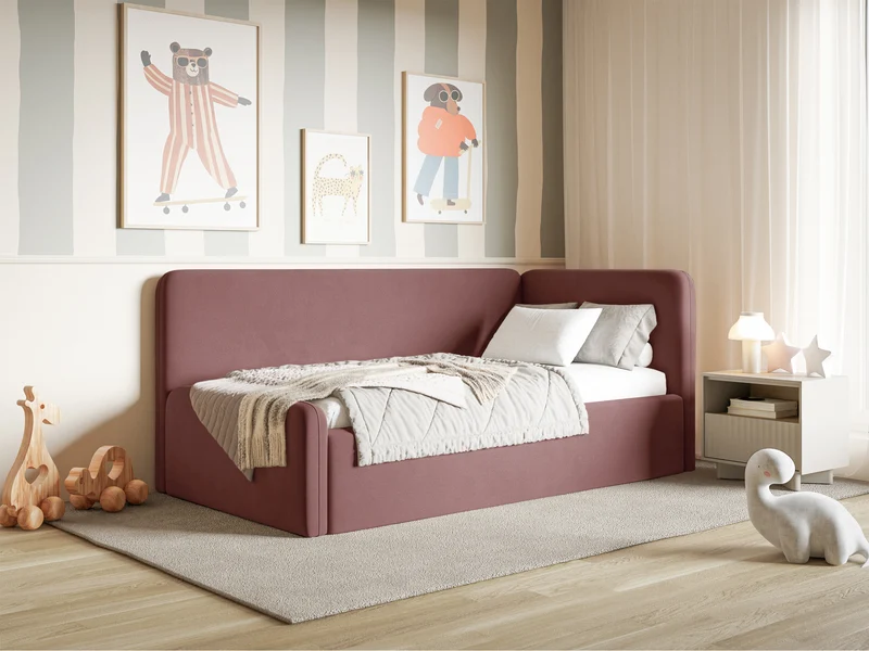 Jugendbett 120x200 cm Fanklo rechtsseitig mit Stauraum und Geländern, rosa Velours, wasserabweisend und leicht zu reinigen