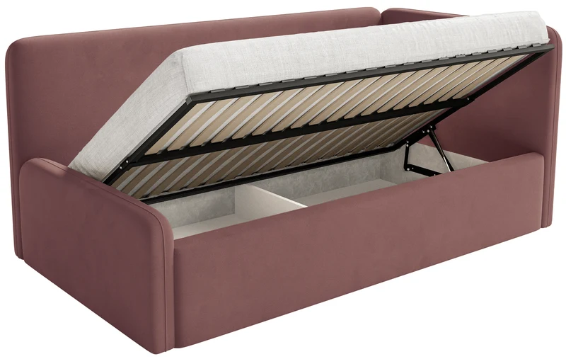 Jugendbett 120x200 cm Fanklo rechtsseitig mit Stauraum und Geländern, rosa Velours, wasserabweisend und leicht zu reinigen
