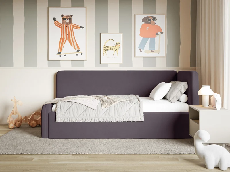 Jugendbett 120x200 cm Fanklo rechtsseitig mit Matratze, Stauraum und Geländern, violetter Velours, hydrophob und leicht zu reinigen