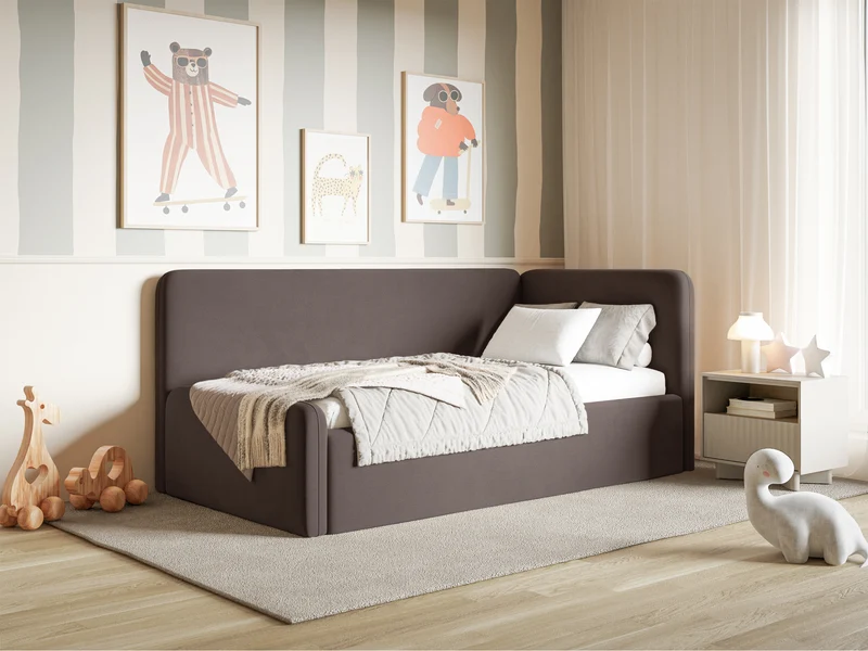 Jugendbett 120x200 cm Fanklo rechtsseitig mit Matratze, Stauraum und Geländern, brauner Velours, wasserabweisend und pflegeleicht