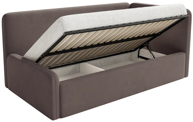 Jugendbett 120x200 cm Fanklo rechtsseitig mit Matratze, Stauraum und Geländern, brauner Velours, wasserabweisend und pflegeleicht