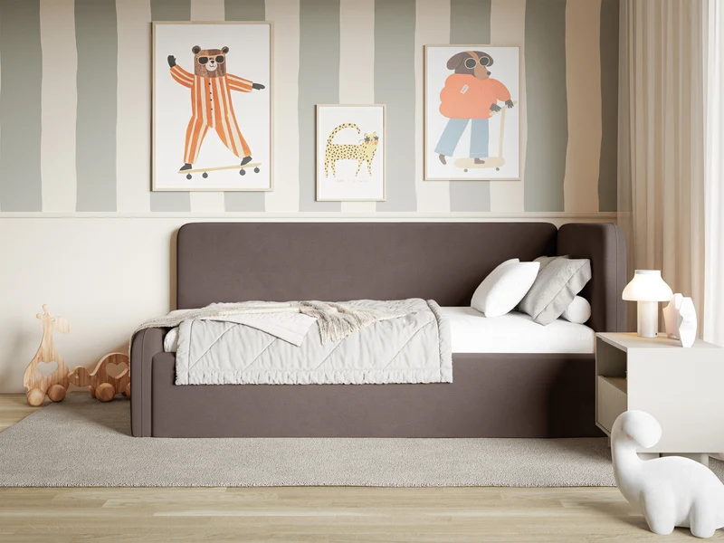 Jugendbett 120x200 cm Fanklo rechtsseitig mit Matratze, Stauraum und Geländern, brauner Velours, wasserabweisend und pflegeleicht