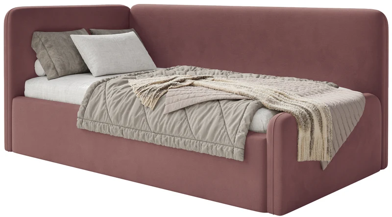 Jugendbett 120x200 cm Fanklo linksseitig mit Matratze, Stauraum und Geländern, rosa Velours, wasserabweisend und leicht zu reinigen