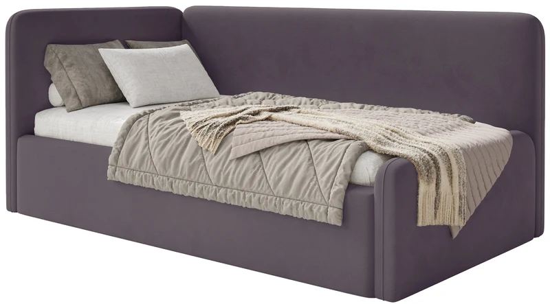 Jugendbett 120x200 cm Fanklo linksseitig mit Matratze, Stauraum und Geländern, violetter Velours, wasserabweisend und leicht zu reinigen
