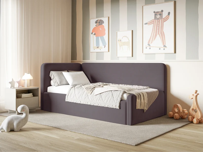 Jugendbett 120x200 cm Fanklo linksseitig mit Matratze, Stauraum und Geländern, violetter Velours, wasserabweisend und leicht zu reinigen