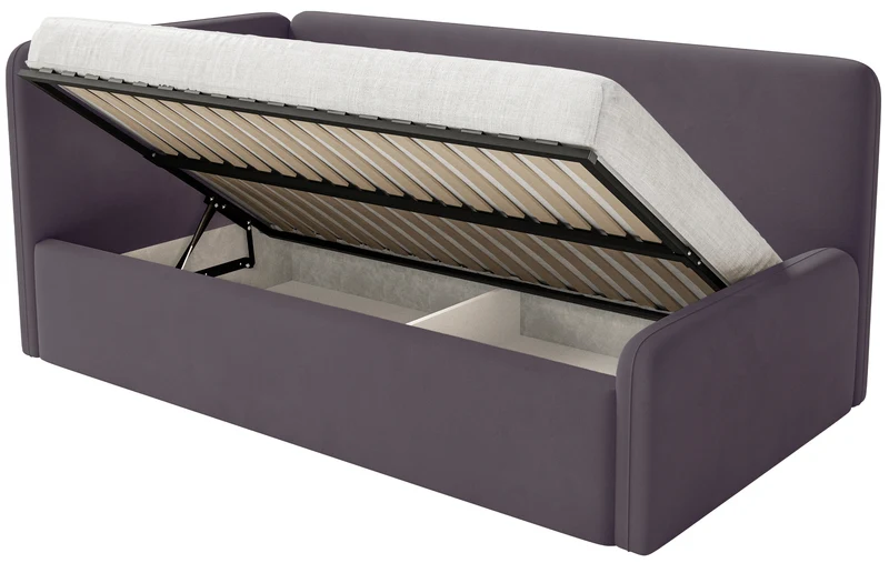 Jugendbett 120x200 cm Fanklo linksseitig mit Matratze, Stauraum und Geländern, violetter Velours, wasserabweisend und leicht zu reinigen