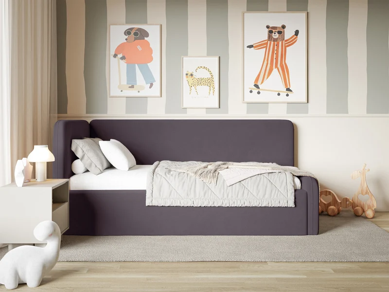 Jugendbett 120x200 cm Fanklo linksseitig mit Matratze, Stauraum und Geländern, violetter Velours, wasserabweisend und leicht zu reinigen