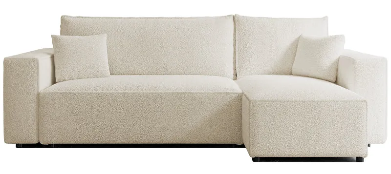 Ecksofa mit Schlaffunktion Scarlo, L-förmig, universell, mit Stauraum, cremefarbenes Bouclé